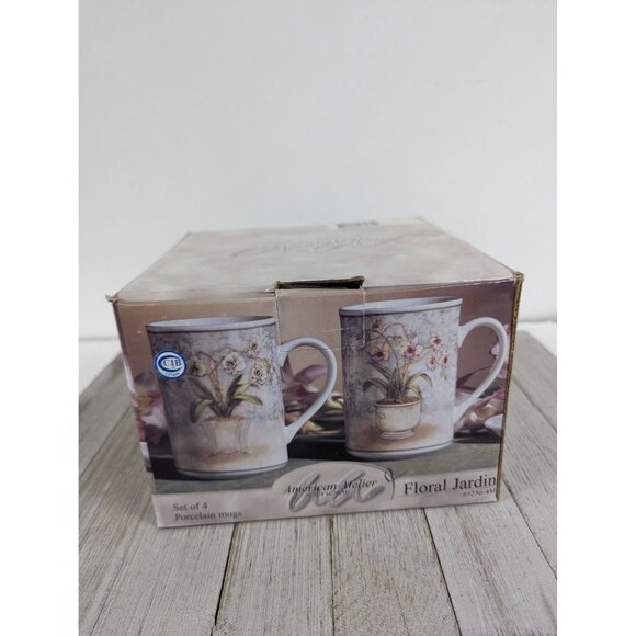 American Atelier Set Of 4 Floral Jardin Porcelain 10 oz Mugs Cups - Picture 9 of 10